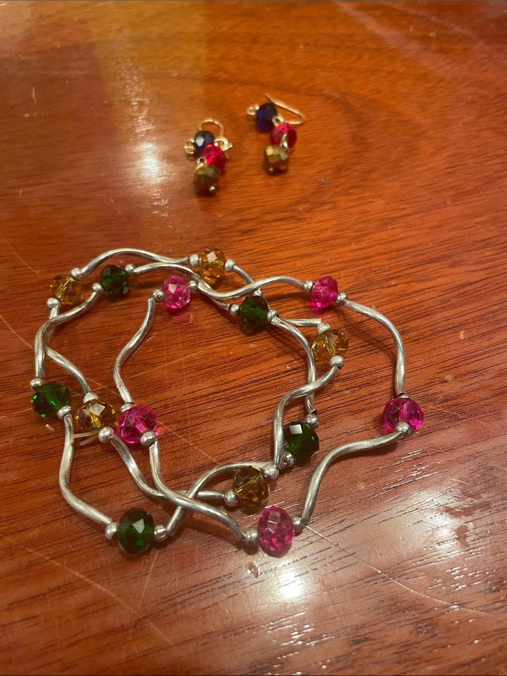 Multicolor Beaded Silver-Tone Bracelet and Earrings Set